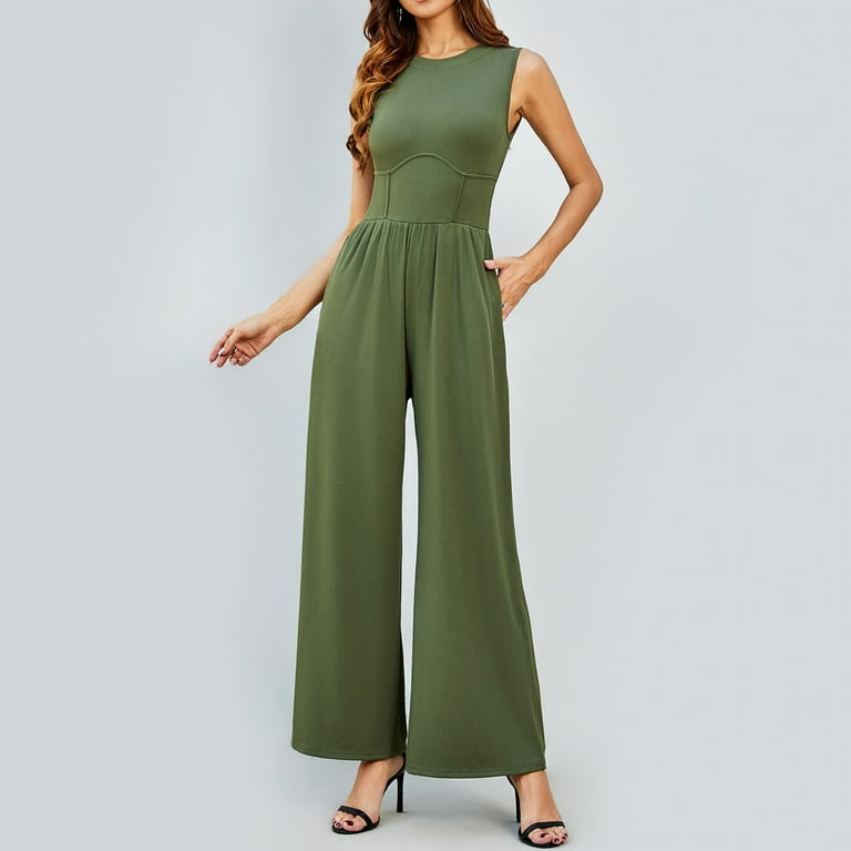 Rompers for Women Womens Solid Color Wide Legged Slim High Waisted Round Neck Undershirt Straight Fall Rompers Womens Jumpsuits Casual Casual Jumpsuits for Women Green 3XL Walmart