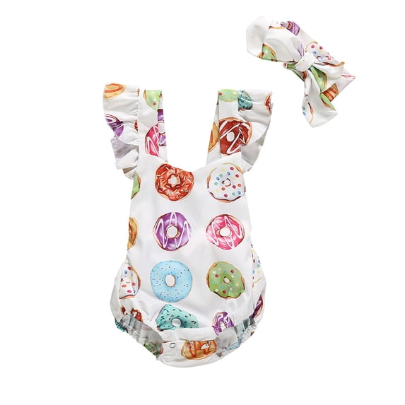 Rompers for Girls Graphic Print Square Neck Flutter Sleeve Ruffled Bodysuit & Headband 2 Piece Outdoor Wear Girls Jumpsuit 18 Months-24 Months