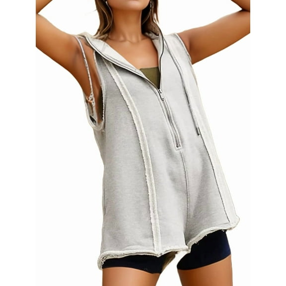 Rompers for Women Athletic Workout Hooded Romper Casual Zip-Front Neck Jumpsuits Overalls with Pockets Light Gray XXXL