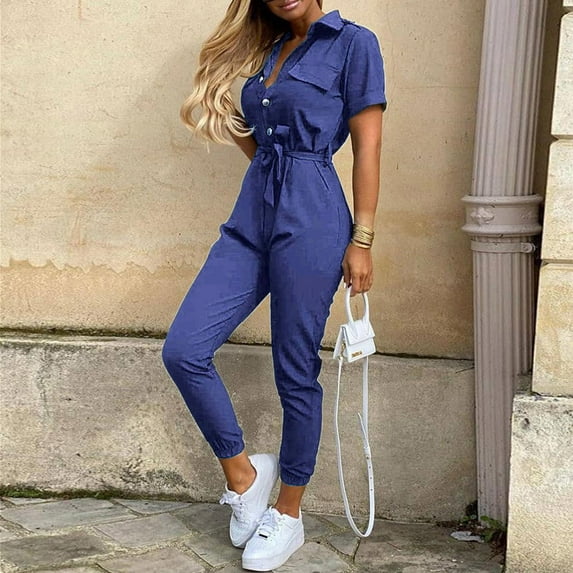 Rompers for Women Dressy Fashion Overalls Solid Color Casual Lapel Belt Short Sleeve Overalls Pantsuit Jumpsuits for Women Summer