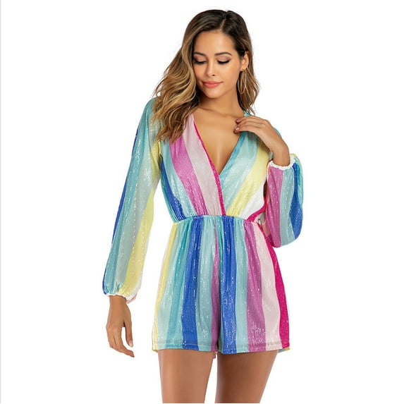 Rompers for Women Dressy,Women V Neck Lantern Sleeve Multicolor Striped Sequin Short Rompers Jumpsuits,Women's Sequin Party Clubwear Romper