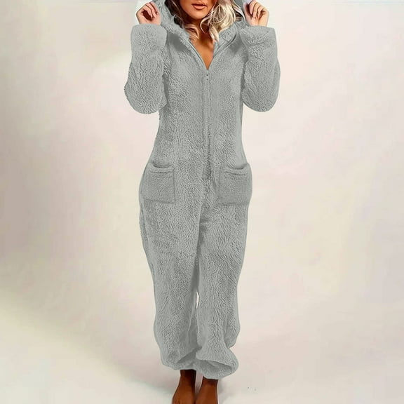 Rompers for Women Pants New Women Solid Color Long Sleeved Zipper Side Pocket Hooded Ankle Tied Home Suit Jumpsuit Pants Style B-23 Gray S