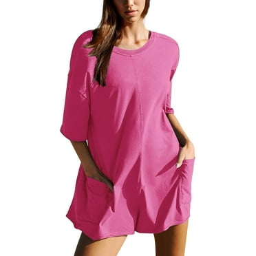 Rompers for Women Short Sleeve Round Neck Summer Athletic Romper Oversized Back V Neck Onesie with Pockets