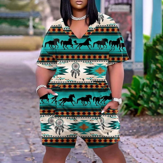 Rompers for Women Snoarin Plus Size Printed V Neck Short Sleeve Wide Leg Pants Overalls Jumpers with Pockets 2023 on Clearance