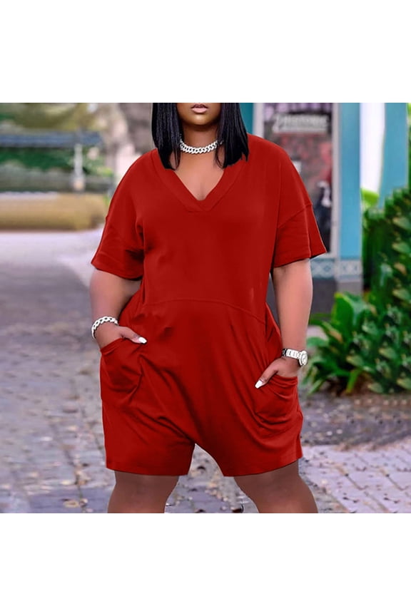 Rompers for Women Snoarin Plus Size Printed V Neck Short Sleeve Wide Leg Pants Overalls Jumpers with Pockets 2023