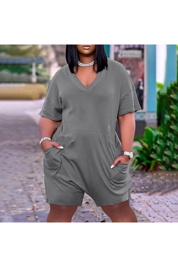 Rompers for Women Snoarin Plus Size Printed V Neck Short Sleeve Wide Leg Pants Overalls Jumpers with Pockets 2023