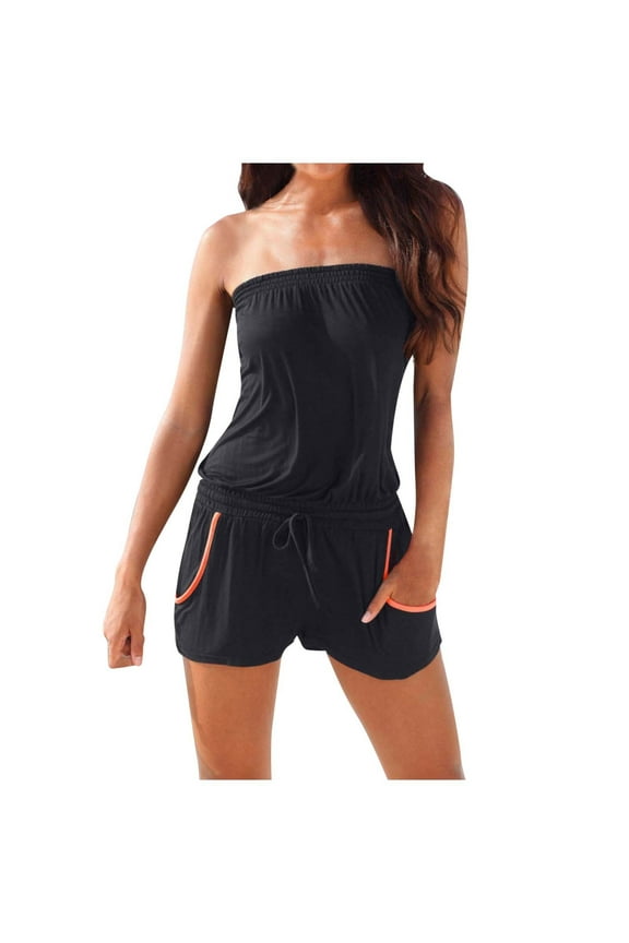 Rompers for Women Strapless Halter Solid Color with PocketBodysuit
