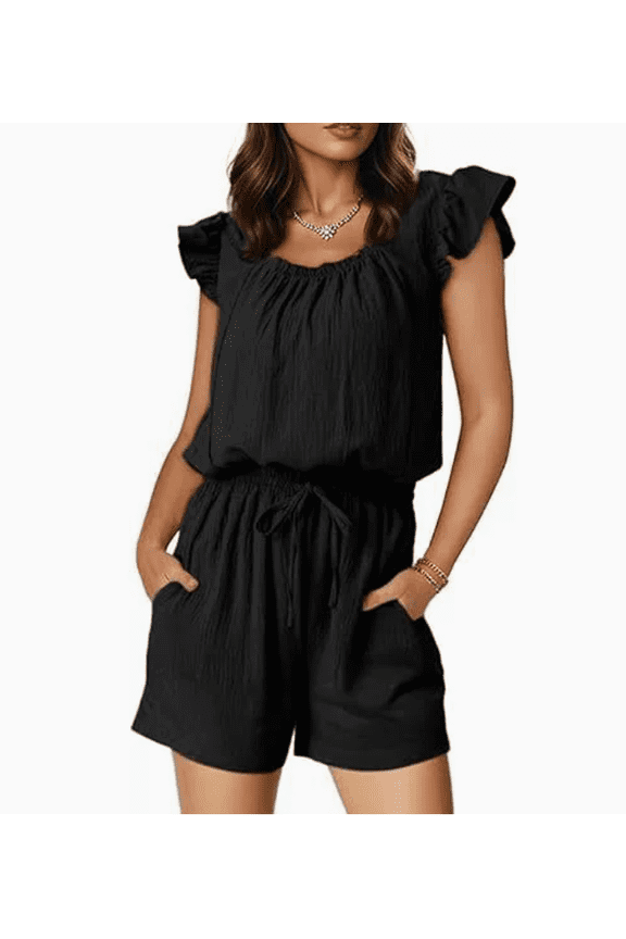 Rompers for Women Summer Casual Ruffle Sleeves Square Neck Drawstring Shorts Jumpsuit Beach Vacation