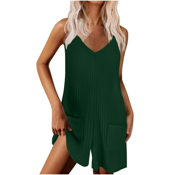 Rompers for Women Summer Casual Sleeveless Spaghetti Strap V-Neck Jumpsuit Ribbed Shorts Overalls with Pockets Women's Overalls Green S