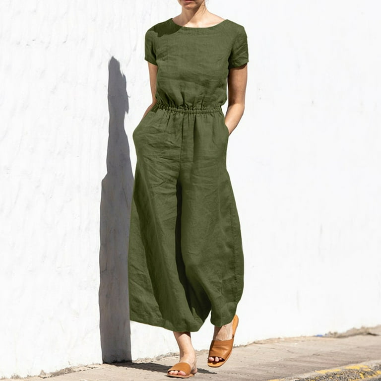 Summer Loose Fit Fashion Casual Solid Color Boat Neck Short Sleeve High Waist Cotton Jumpsuits for Women