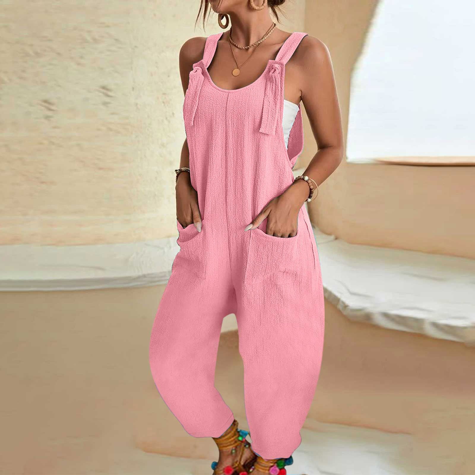 Summer Loose Fit Solid Color Casual Jumpsuits Spaghetti Strap Baggy Overalls Harem Pants With 4323