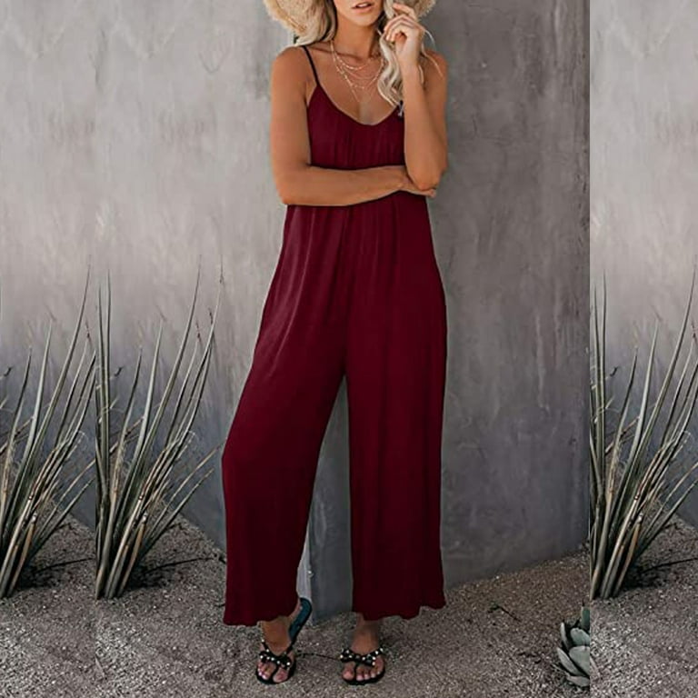 Rompers for Women Wide Leg 2023,Women Loose Sleeveless Jumpsuits Spaghetti  Strap Stretchy Long Jumpsuit Romper with Pockets