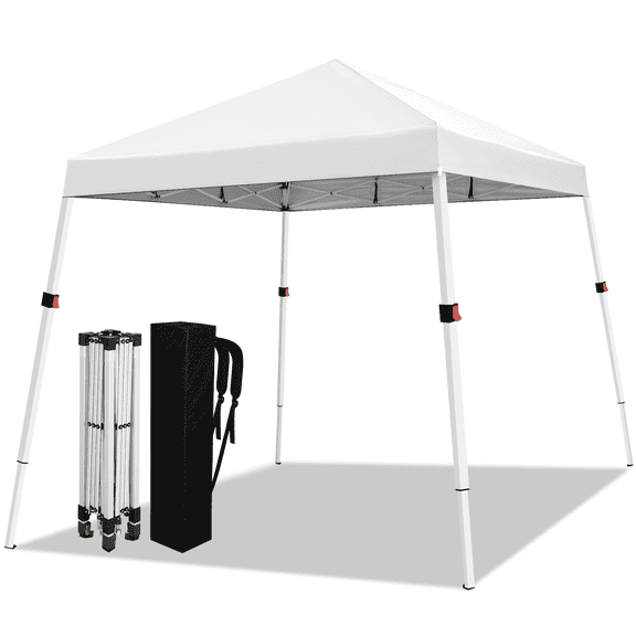Romswi 10x10 Slant Leg Pop Up Canopy Tent, 1-Button Push Setup, Adjustable Height Instant Portable Shelter with Backpack Bag, Outdoor Sun Shade for Events, 8x8 Top, Pure White