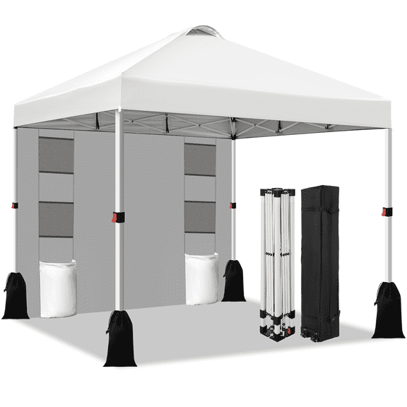 Romswi 10x10 Pop Up Canopy Tent, 1-Button Push SetUp Canopy Tent with 1 Sidewall, Adjustable Height Instant Portable Shelter, Portable Roller Bag,Easy Outdoor Sun Shade for Events,4 Weight Bags,White