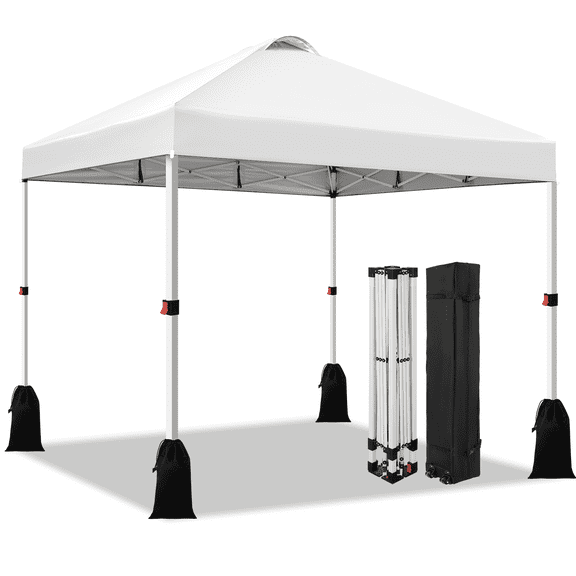 Romswi 10x10 Pop Up Canopy Tent, 1-Button Push SetUp Canopy Tent, Adjustable Height Instant Portable Shelter, Portable Roller Bag, Easy Outdoor Sun Shade for Events, 4 Weight Bags, White
