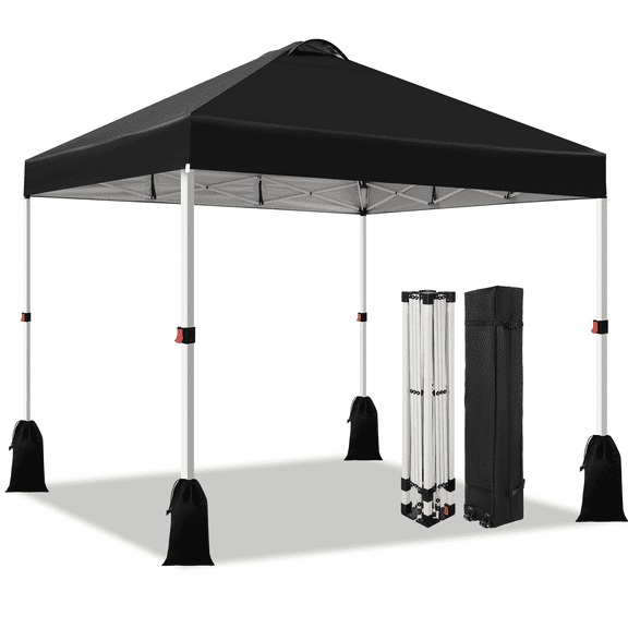 Romswi 10x10 Pop Up Canopy Tent, 1-Button Push SetUp Canopy Tent, Adjustable Height Instant Portable Shelter, Portable Roller Bag, Easy Outdoor Sun Shade for Events, 4 Weight Bags, Black