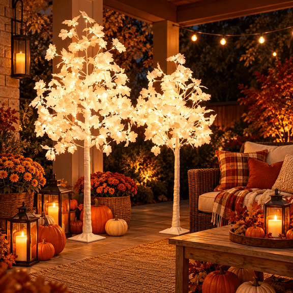 Romswi 2PACK 5FT 6FT Lighted White Maple Tree, 216LED Light Up Artificial Tree with Dual-Tone Lights (Cold & Warm White) for Home Indoor and Outdoor