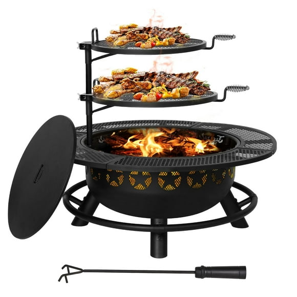 Romswi 35 in Fire Pit Round Campfire Wood Burning Large Firepit Firewood for Outside Grill Patio Garden Camping Include 2 Swivel Cooking Grate Poker