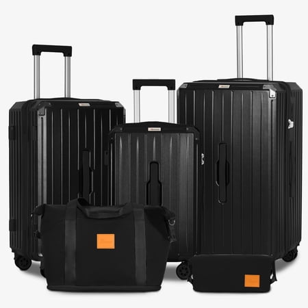Romswi 5 Piece Luggage Set - 20", 24", 28" Lightweight Hardside Black Suitcase with TSA Lock, Cup Holder, Spinner Wheels & Travel Bag – Durable PC+ABS Expandable Carry-On & Checked Bag
