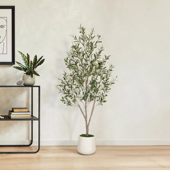 Romswi 5FT Artificial Olive Tree Indoor Realistic Wood Trunk, Fruit and Leave, White Planter, Tall Fake Potted Tree for Living Room Office Home Decor