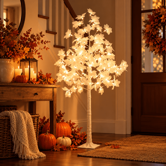 Romswi 5FT Lighted Maple Tree with White Leaves, 96LED Dual-Tone Lights (Cold & Warm White), Artificial Tree for Home Indoor and Outdoor