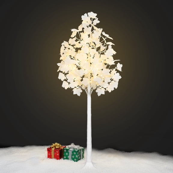 Romswi 5FT Lighted Maple Tree with White Leaves, 96LED Dual-Tone Lights (Cold & Warm White), Artificial Tree for Home Indoor and Outdoor