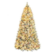 Romswi 6 ft Pre-lit Snow Flocked Hinged Artificial Christmas Tree with Red Berries 250 Warm White LED Lights
