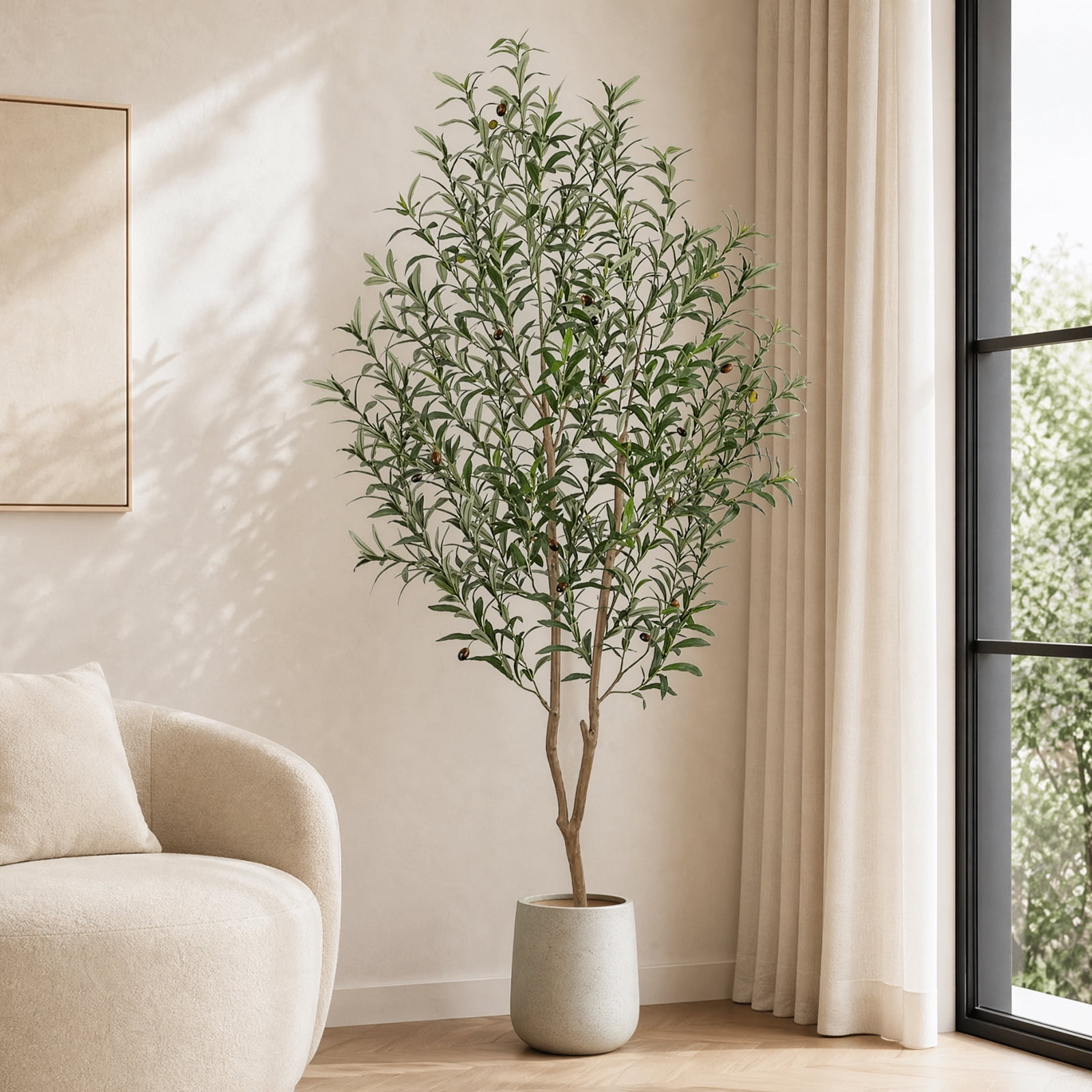 ROMSWI 6FT Artificial Tree Tall with Pot, Olive Faux Plant with Lifelike Fruits and Natural Wood Trunk for Indoor Home House Office Decor