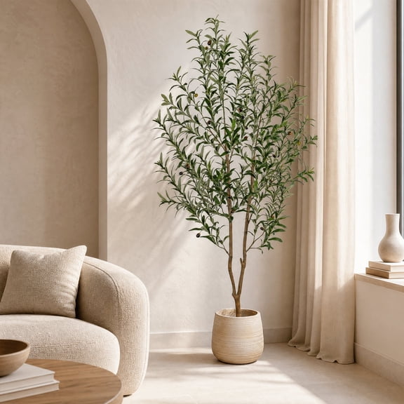 ROMSWI 6FT Artificial Tree Tall with Pot, Olive Faux Plant with Lifelike Fruits and Natural Wood Trunk for Indoor Home House Office Decor
