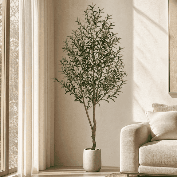 ROMSWI 7FT Artificial Tree Tall with Pot, Olive Faux Plant with Lifelike Fruits and Natural Wood Trunk for Indoor Home House Office Decor
