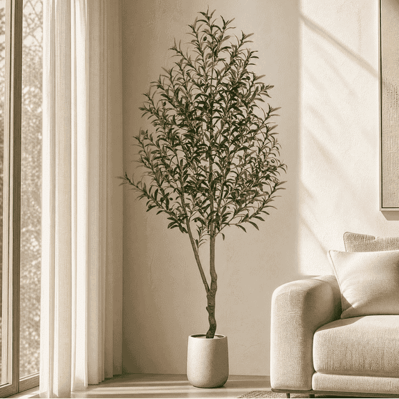 ROMSWI 7FT Artificial Tree Tall with Pot, Olive Faux Plant with Lifelike Fruits and Natural Wood Trunk for Indoor Home House Office Decor