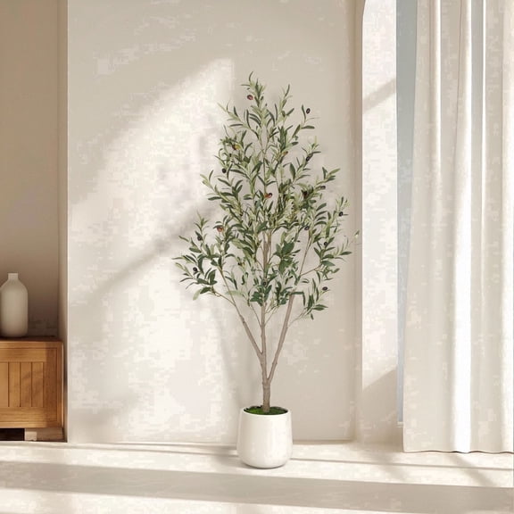 Romswi Artificial Olive Tree 5 FT, with White Pot, Olive Faux Trees Realistic Leaves Silk Tree for Home Office Indoor Outdoor Decor