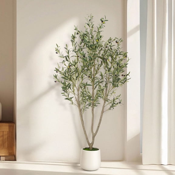 Romswi Artificial Olive Tree 6 FT, with White Pot, Olive Faux Trees Realistic Leaves Silk Tree for Home Office Indoor Outdoor Decor