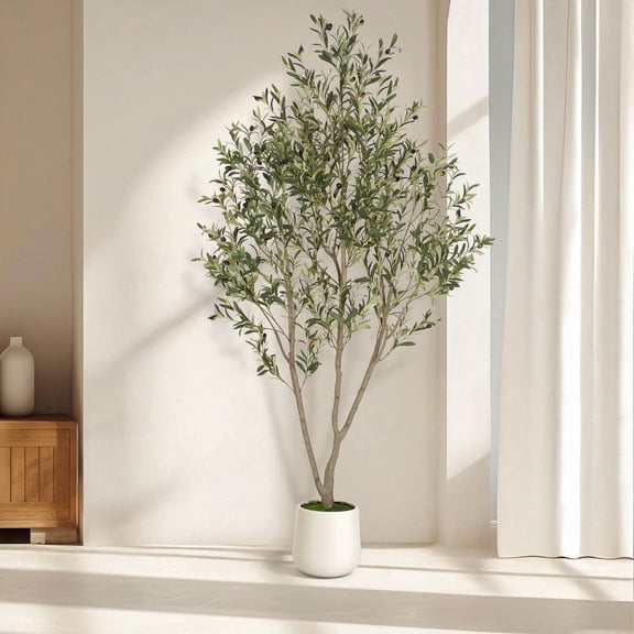 Romswi Artificial Olive Tree 7 FT, with White Pot, Olive Faux Trees Realistic Leaves Silk Tree for Home Office Indoor Outdoor Decor