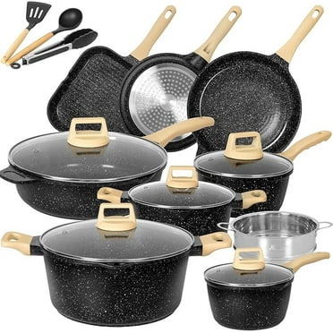Romswi Nonstick Pots and Pans Set, 23 Piece Induction Cookware Sets Non-stick Ceramic Kitchen Sets with Utensil, Black
