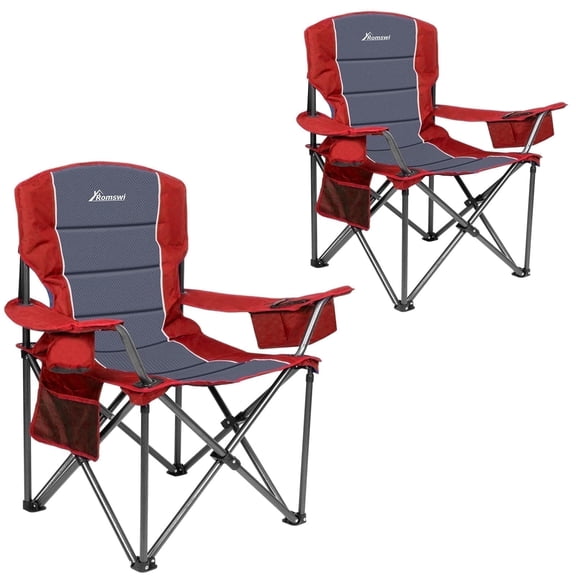 Romswi Oversized Folding Camping Chair, 450lbs Heavy-Duty Portable Outdoor Chair with Padded Back, Adjustable Armrests, Cooler Bag & Storage, Foldable Fishing Lawn Chair for Camping, 2-Pack, Red