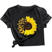 Romwe Women's Graphic Sunflower Print Short Sleeve Casual Blouse Tee Shirts