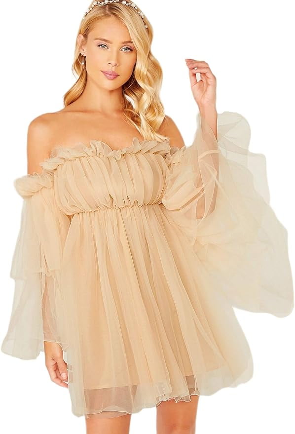 Romwe Women's Romantic Off Shoulder Flounce Long Sleeve Wedding Ruffle Mesh  Party Mini Dress - Walmart.com