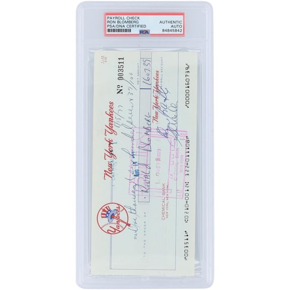 Ron Bloomberg New York Yankees Autographed Check from August 15, 1977 - PSA 84845842 - Fanatics Authentic Certified