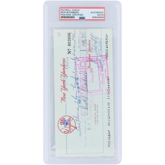Ron Bloomberg New York Yankees Autographed Check from August 31, 1976 - PSA 84845849 - Fanatics Authentic Certified