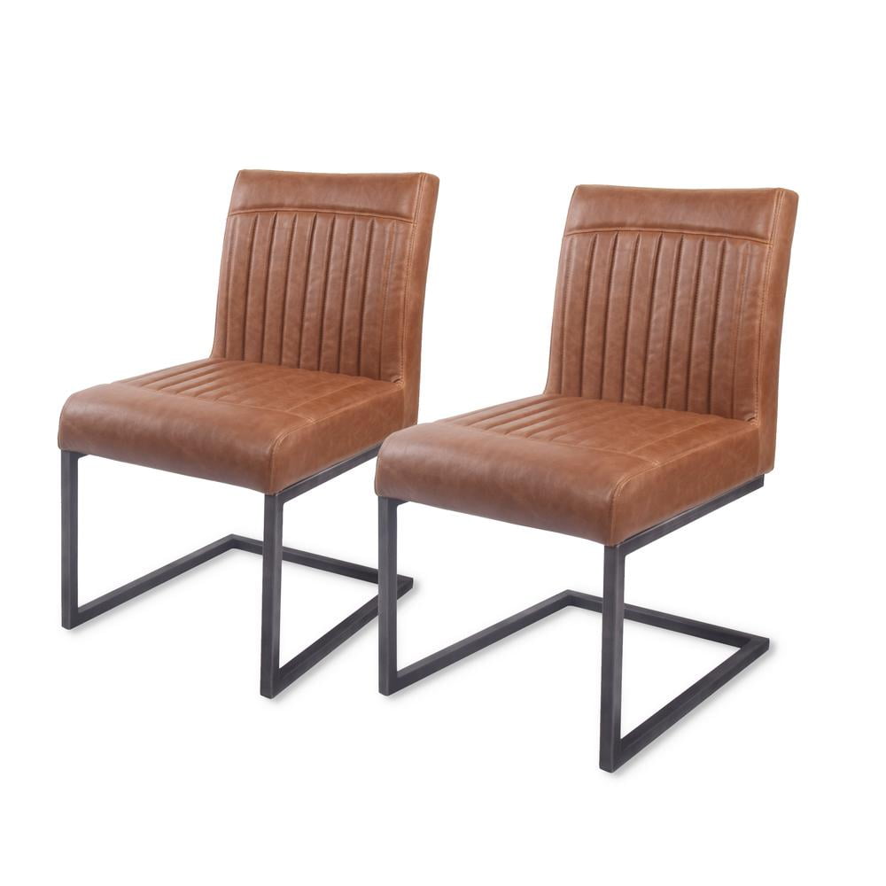 Antique Cigar Brown Faux Leather Side Chair with Metal Frame