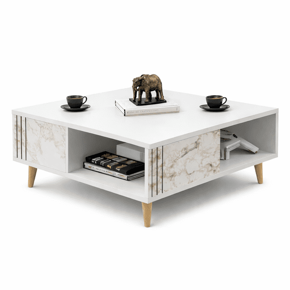Ronas 35" Modern Square Coffee Table with Open Storage Shelf, Solid Wood Legs, Quality Engineered Wood, White & Marble Finish