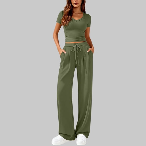 Roncen 2 Piece Matching Summer Sweatsuit Lounge Set Womens Wide Leg Pants Side Ruching Crop Top Sets