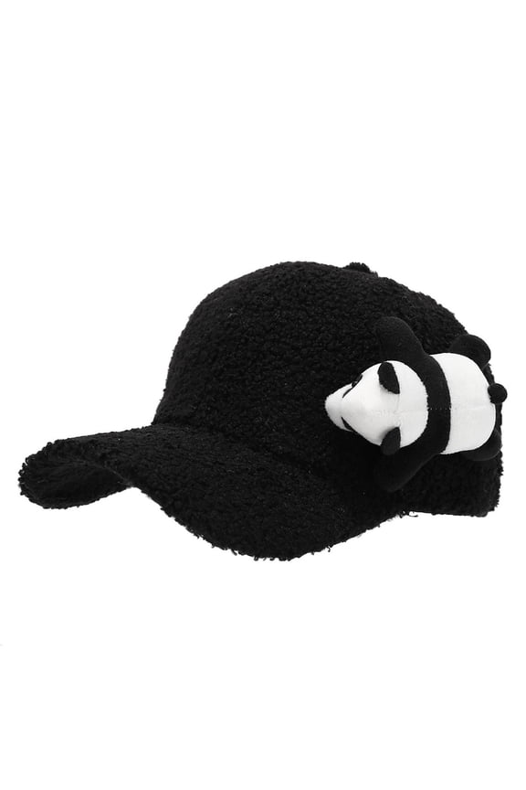 3D Plush Panda Baseball Cap, Black & White Faux Fur Dad Hat with Cute Applique, Unisex Casual Cartoon Style