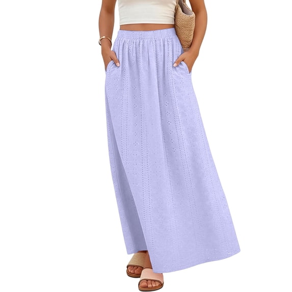 Roncen Boho Long Eyelet Skirts for Women Summer Casual Elastic High Waisted Flowy Beach Vacation Maxi Skirt with Pockets