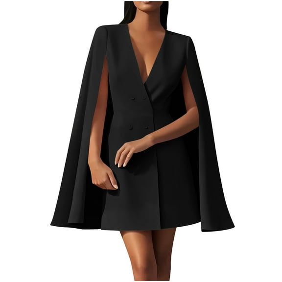 Roncen Cape Blazer Dress - Double-Breasted with Shoulder Cape for Autumn Office Wear Professional Women