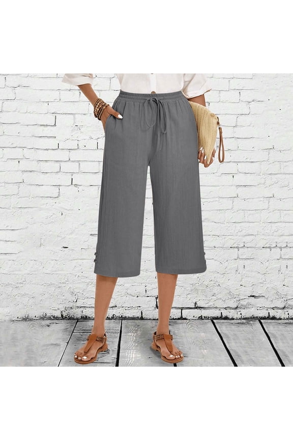 Capri Pants for Women Trendy Summer Linen Capris Elastic Drawstring Cropped Work Pants Slip Hem Loose Beach Capris