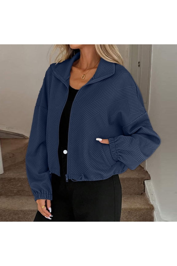 Casual Autumn Winter Coats for Women - Turned Collar Loose Fit Solid Color Outerwear - Zip Up Long Sleeve Jacket with Adjustable Hem DNaturalstring