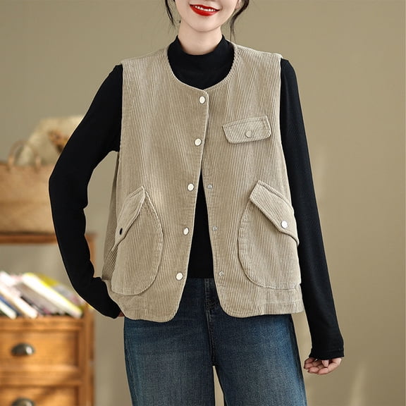 Roncen Casual Corduroy Vest for Women Button Down Versatile Sleeveless Outerwear Waistcoat with Pockets