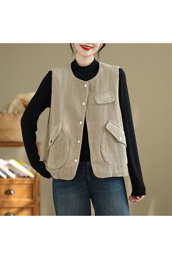 Casual Corduroy Vest for Women Button Down Versatile Sleeveless Outerwear Waistcoat with Pockets